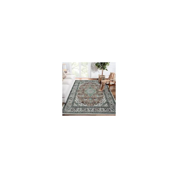 Green Coffee 10 ft. x 13 ft. Retro Circular Pattern Short Pile Foldable Rug Anti-Fouling and Anti-Slip