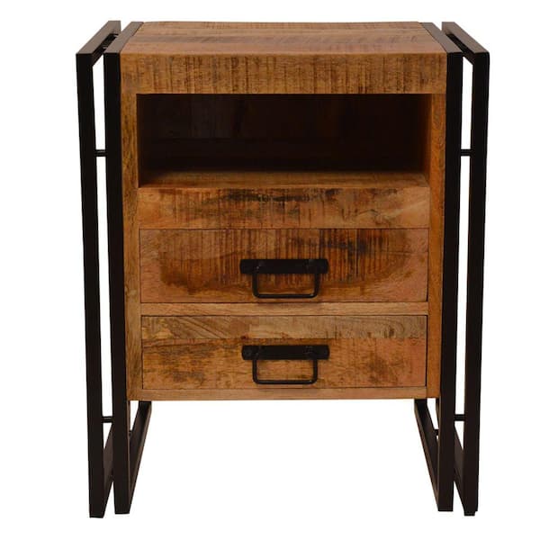 THE URBAN PORT Brown and Black 2-Drawer 20 in. Wooden Farmhouse Side Table with Open Cubby and Metal Frame