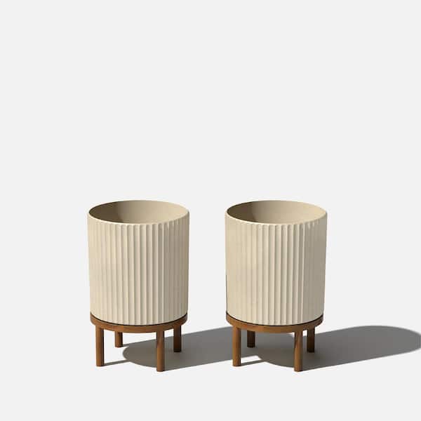 Demi 12 in. Raised with Stand Round Sand Plastic Planter with Brown Stand (2-Pack)