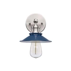 Glenhurst 1-Light Cobalt and Brushed Nickel Industrial Farmhouse Indoor Wall Sconce Light Fixture with Metal Shade