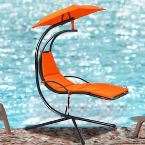 5.8 ft. Patio Hanging Hammock Chaise Lounge Chair with Canopy and Orange Cushion