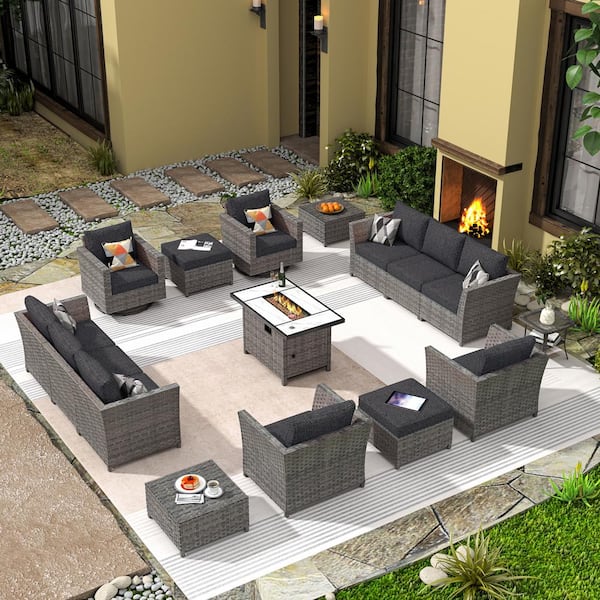 XIZZI Vesta Gray 16-Piece Wicker Outerdoor Patio Rectangular Fire Pit Set with Black Cushions and Swivel Rocking Chairs