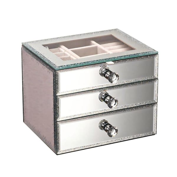 3-Layer Silver Rectangular Glass Jewelry Box with Mirror and 2