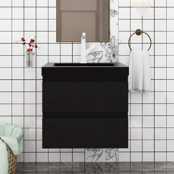 Unbranded 24 in. W. x 20 in. D x 21 in. H Single Sink Wall-Mounted Bath Vanity in Black with Black Cultured Marble Top