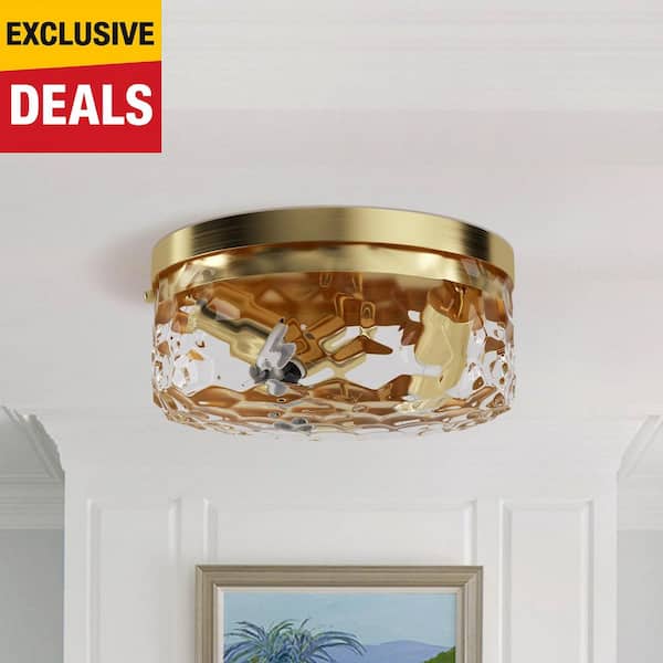 Raleigh 12 in. 3-Light Brass Iron Modern Flush Mount Lighting Bedroom Ceiling Lights With Water Glass Shade