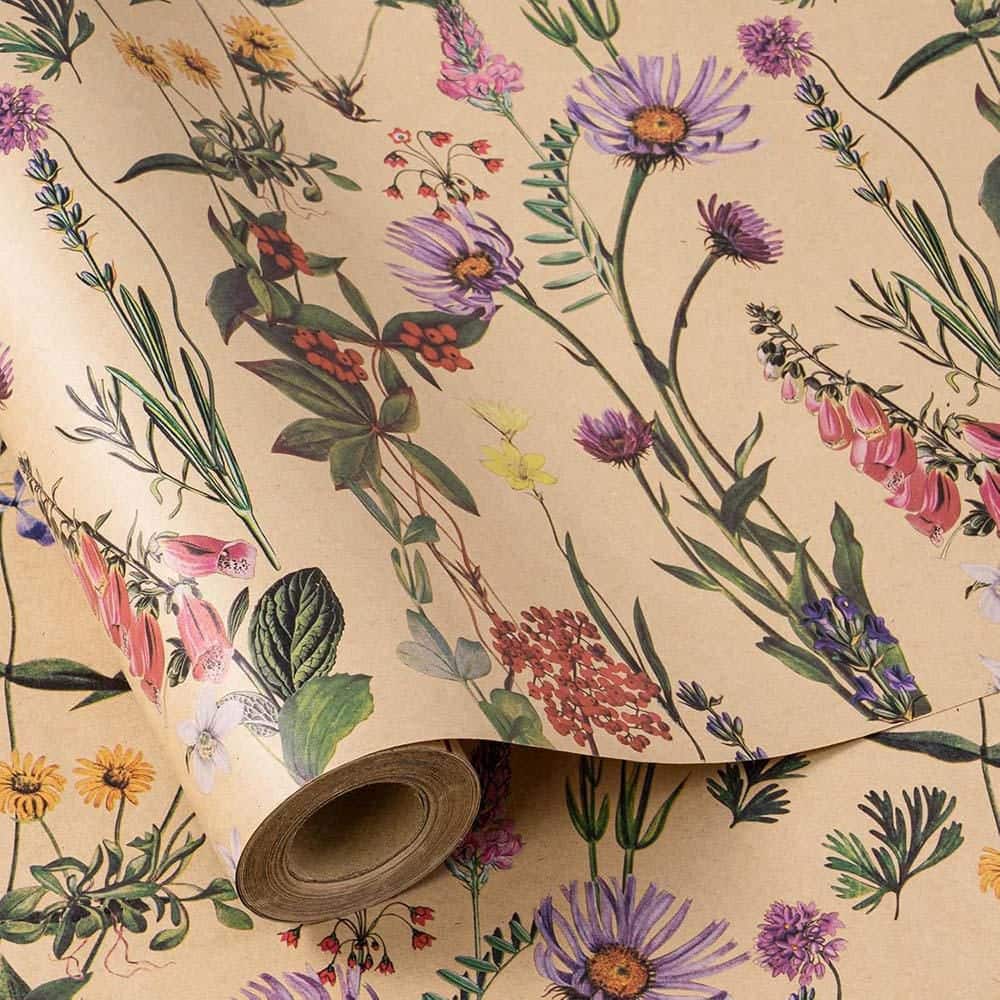 Wildflower Floral Wrapping Paper Roll 17 in. x 16.4 ft. Herbal Kraft for Gifts Birthday Wedding Bridal Shower Engagement