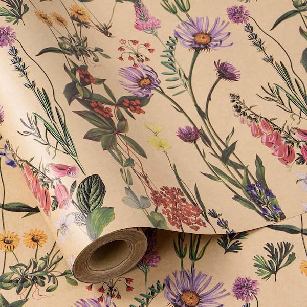 Wildflower Floral Wrapping Paper Roll 17 in. x 16.4 ft. Herbal Kraft for Gifts Birthday Wedding Bridal Shower Engagement
