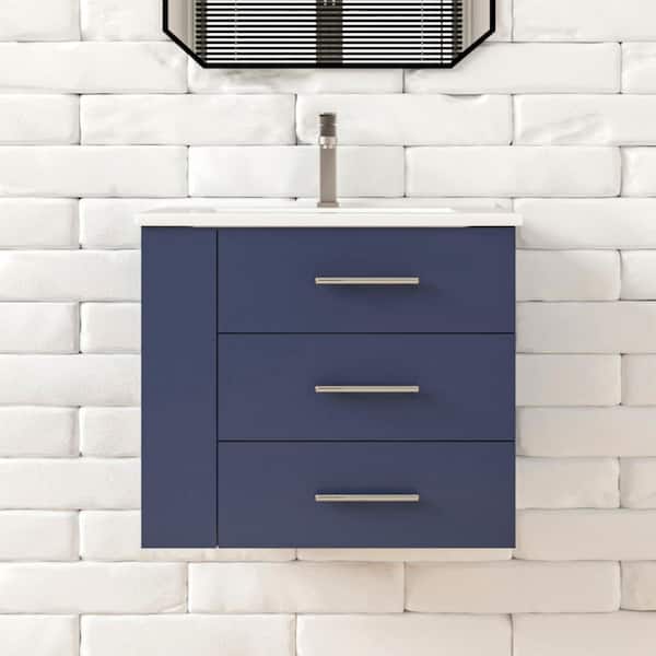 Rita 24.25 in. W Single Sink Wallmount Bath Vanity with White Ceramic Top Countertop in Marine Blue with Left Side Shelf