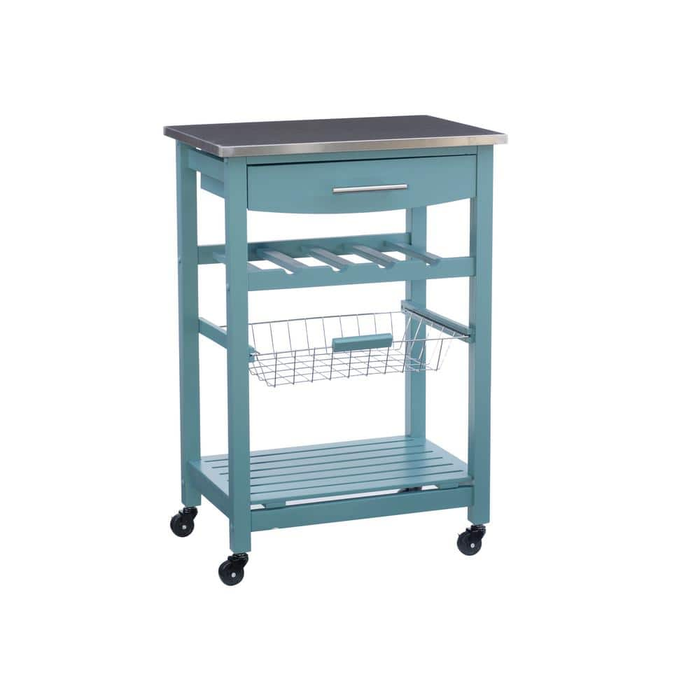 Linon Home Decor Todd Blue Kitchen Cart With Stainless Steel Top And