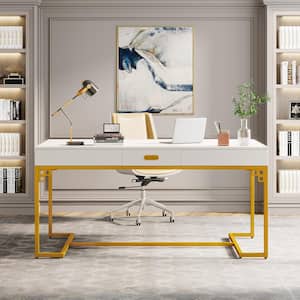 Halseey 63 in. Rectangular Modern White Gold Wood Executive Desk, Large Computer Desk with Drawer, Conference Room Table