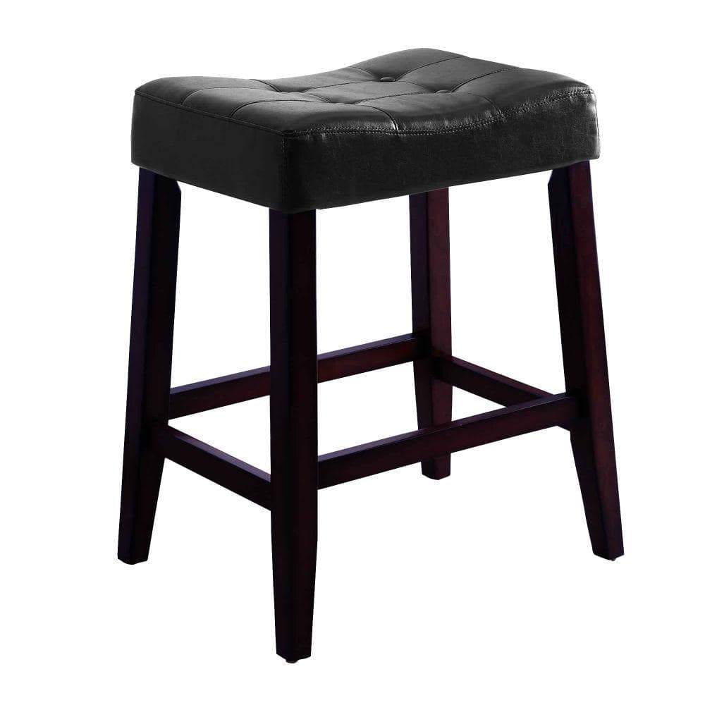 Black and Brown Button Tufted Saddle Seat Wooden Stools, Set of 2