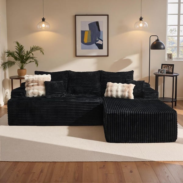 LBB 96 in. Arm 2-Piece Modern Plush Corduroy L-Shape Modular Sectional Sofa Boneless Couch in Black with Right Chaise