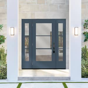 Legacy 64 in. x 80 in. Icon 3-Lite Modern Clear Glass RHOS D.Denim Mahogany Fiberglass Prehung Front Door Dbl 12 in. SL