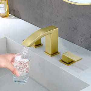 8 in. Widespread Waterfall Bathroom Faucet 3-Holes Double-Handle Bathroom Faucet Pop Up Drain in Brushed Gold