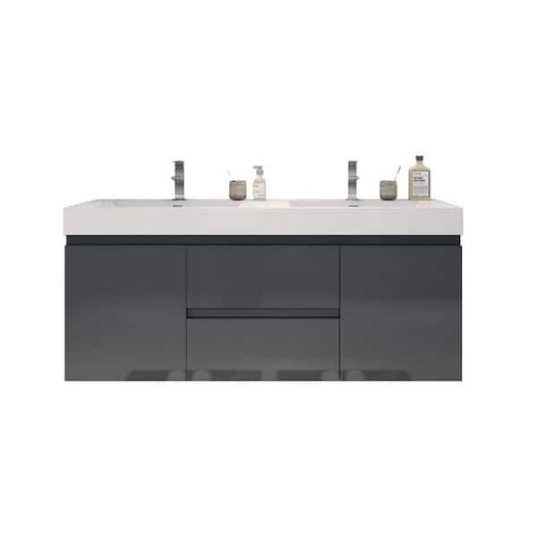 Moreno Bath Fortune 60 in. W Bath Vanity in High Gloss Gray with Reinforced Acrylic Vanity Top in White with White Basins