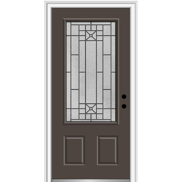 MMI DOOR Courtyard 36 in. x 80 in. Left-Hand 3/4-Lite Decorative Brown Fiberglass Smooth Prehung Front Door on 6-9/16 in. Frame