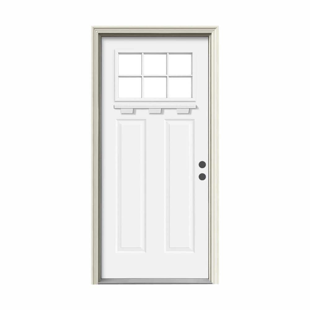 JELD-WEN 36 in. x 80 in. 6 Lite Craftsman White Painted Steel Prehung  Left-Hand Inswing Front Door w/Brickmould and Shelf N11647 - The Home Depot