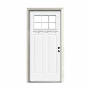 36 in. x 80 in. 6 Lite Craftsman White Painted Steel Prehung Left-Hand Inswing Front Door w/Brickmould and Shelf