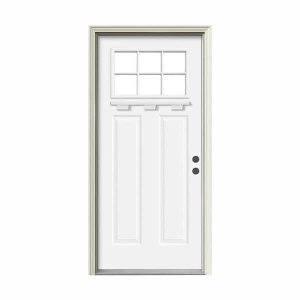 JELD-WEN 36 in. x 80 in. 6 Lite Craftsman White Painted Steel Prehung Left-Hand Inswing Front Door w/Brickmould and Shelf