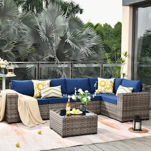 Marvel Gray 6-Piece Wicker Wide Arm Patio Conversation Set with Navy Blue Cushions