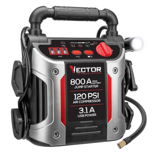 VECTOR 800 Peak Amp Jump Starter, 120 PSI Air Compressor, Three USB Charging Ports, Rechargeable