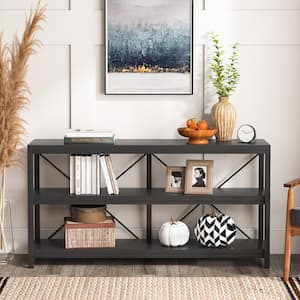 Catalin 55 in. Black Rectangle Wood Console Table with 3 Tier Storage Shelves