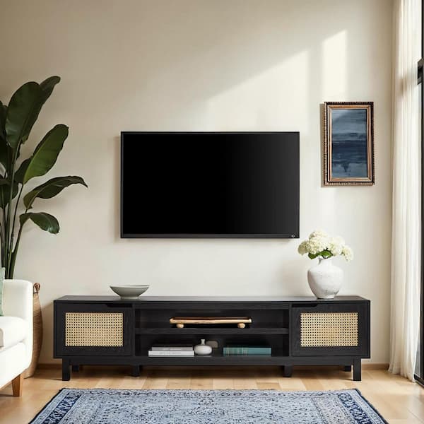 Walker Edison Furniture Company 70 in. Black Wood Modern TV Stand with 2 Faux Rattan Doors Fits TVs up to 80 in.