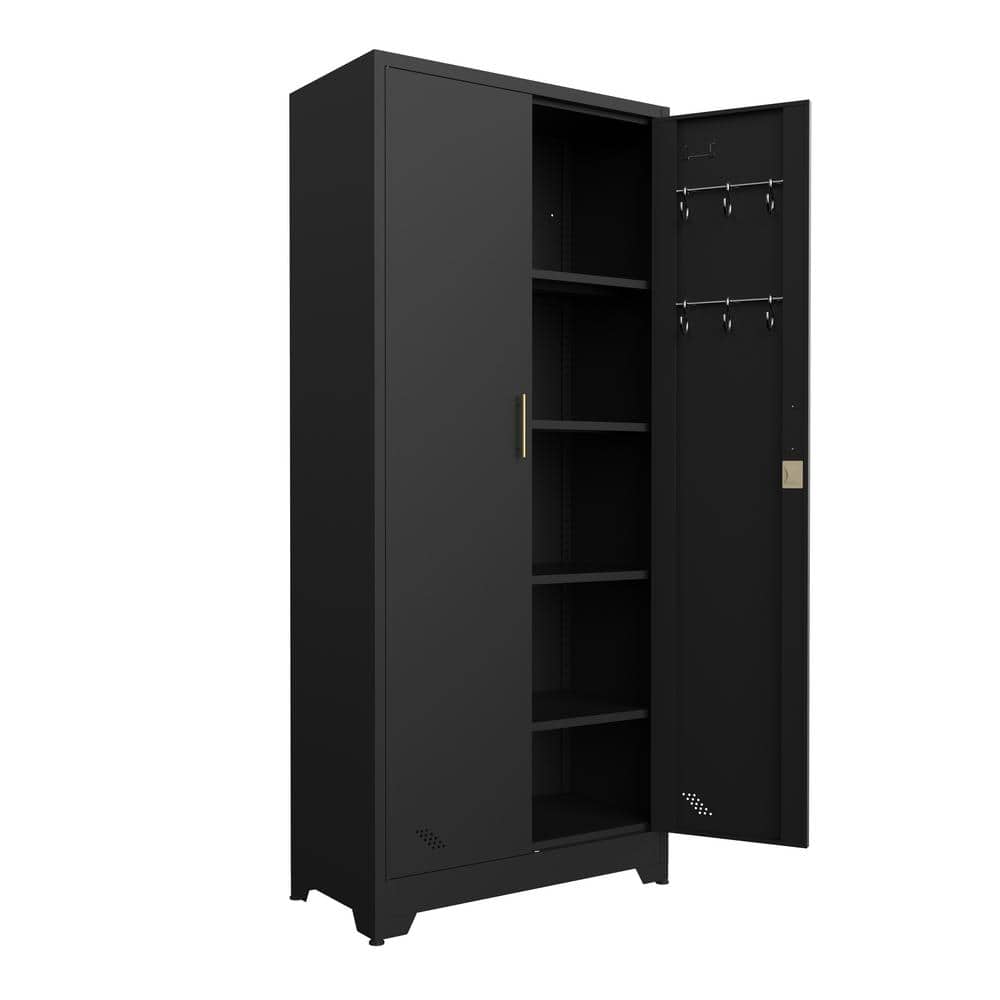 Black storage cabinet with doors open, showing interior shelves and hanging rod.