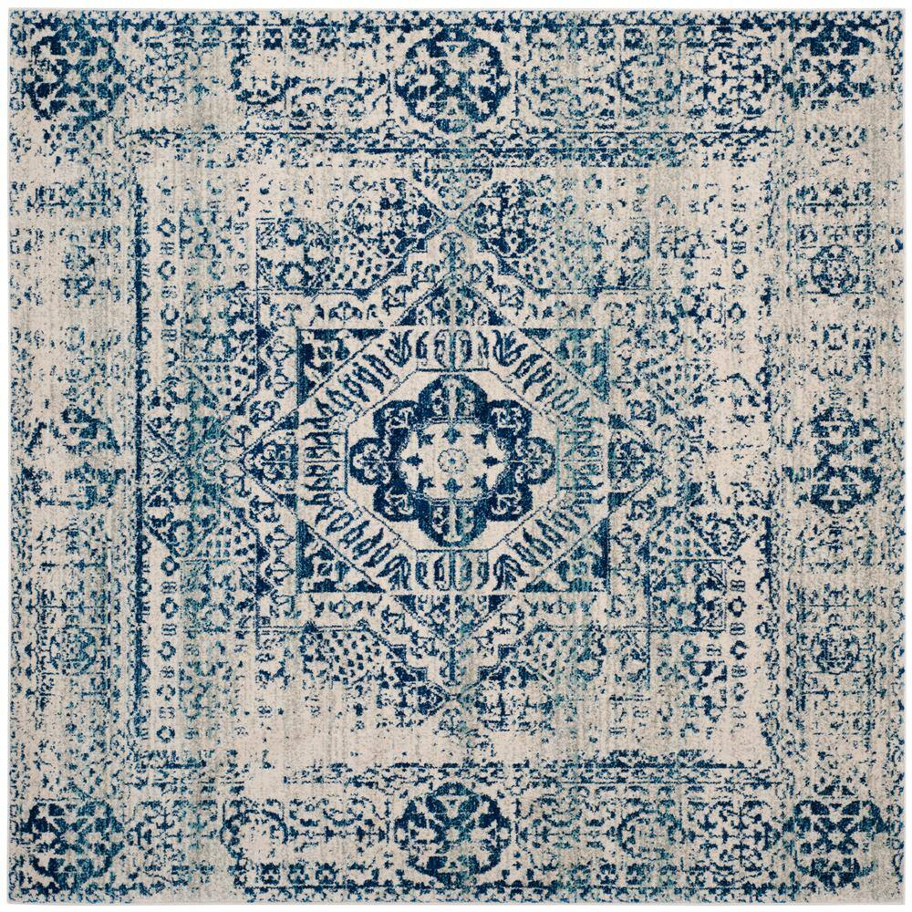Navy and Ivory Square Synthetic Floral Area Rug
