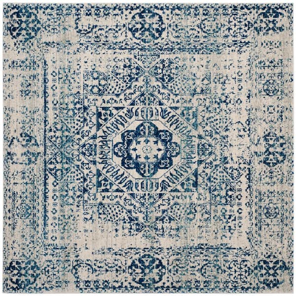 SAFAVIEH Evoke Ivory/Blue 9 ft. x 9 ft. Square Medallion Distressed Area Rug
