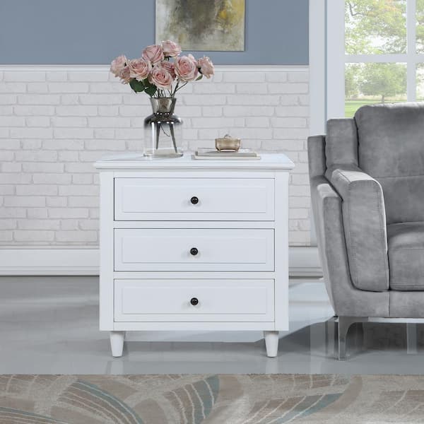 URTR Wooden Sofa Side Table with 3 Drawers, White Nightstand 28.1'' H x 27.9'' W x 16.9'' D, Bedside Table for Bedroom