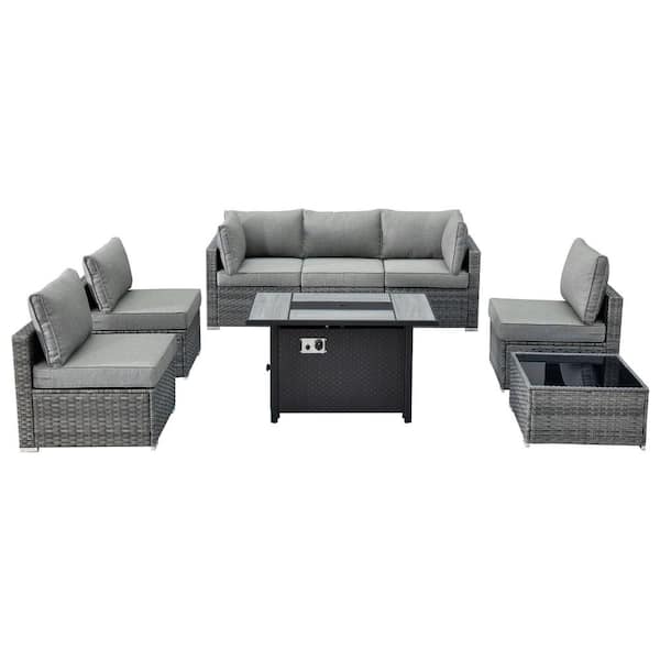 Sanibel Gray 8-Piece Wicker Patio Conversation Sofa Sectional Set with a Metal Fire Pit and Dark Gray Cushions