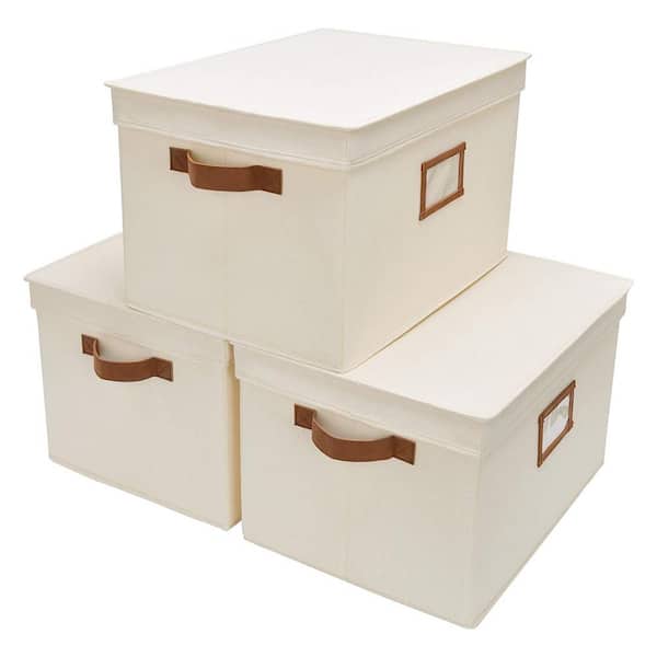 Unbranded 35 Qt. Fabric Storage Bin with Lid in Ivory (3-Pack)
