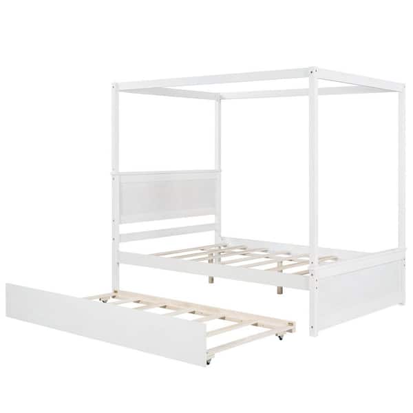 White Wood Frame Full Size Canopy Platform Bed with Trundle Bed