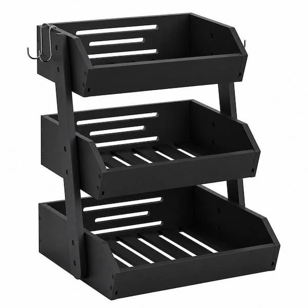 1 Piece Black 3 Tier Bamboo Fruit Basket with 2 Banana Hooks, Strong and Long-Lasting, Simple and Stylish Appearance