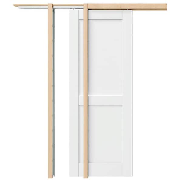 24 in. x 80 in. White Primed Wood 2-Panel Core Sliding Pocket Door with Soft Close, Frame and Hardware Kit Set