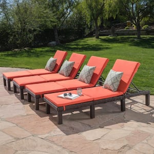 Caesar Multibrown 4-Piece Faux Rattan Outdoor Chaise Lounge with Orange Cushions