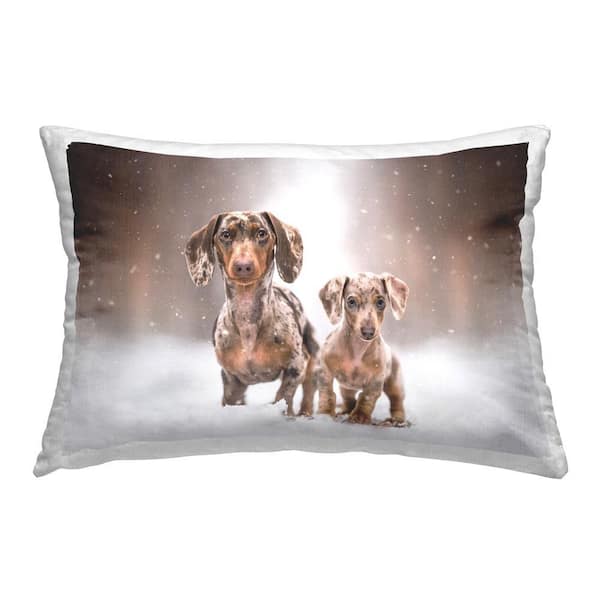 Stupell Industries Snowy Dachshund Puppies Brown Print Polyester 14 in. x 20 in. Throw Pillow