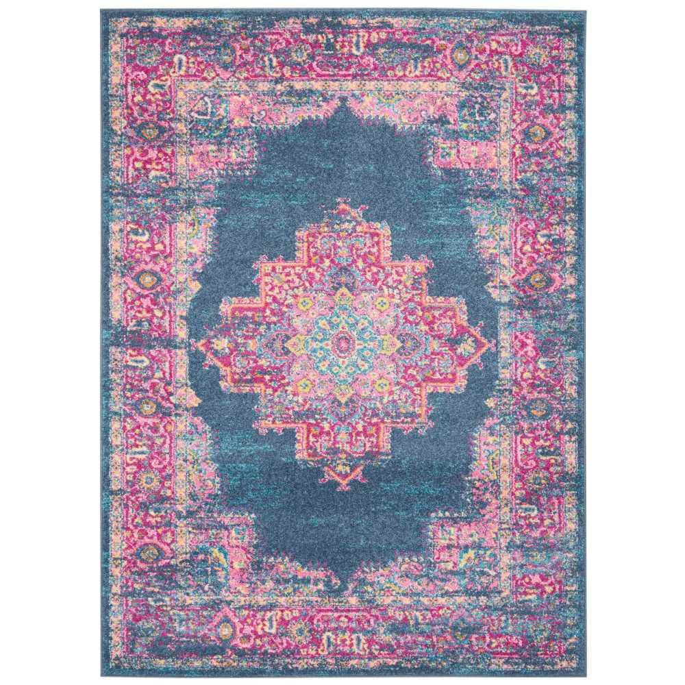 Traditional Floral Blue Synthetic 5' x 7' Easy-Care Area Rug