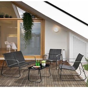 4-Piece Black Outdoor Textilene Patio Set Seating Conversation Sets with Glass Table Black