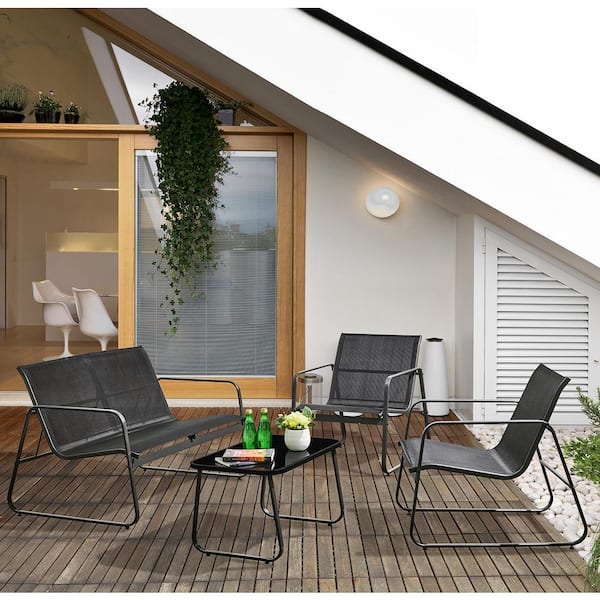 Barton 4-Piece Black Outdoor Textilene Patio Set Seating Conversation Sets with Glass Table Black