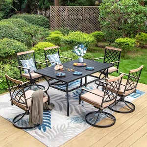 Black 7-Piece Metal Patio Outdoor Dining Set with Slat Table and Swivel Chairs with Beige Cushions