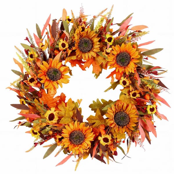 22 in Green Grapevine Artificial Sunflower Fall Wreath for Front Door, Porch and Indoor or Outdoor Decor