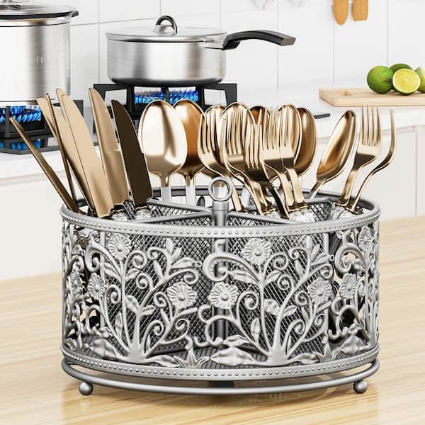 Silver Metal 360° Rotating Utensil Caddy Utensil Holders with 4 Compartments Flatware Organizer for Kitchen Counter