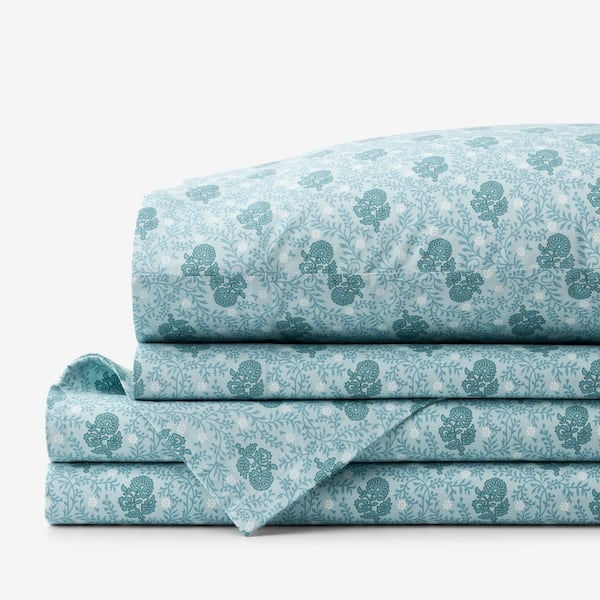 The Company Store Company Cotton Mini Garden Flower Blue/Ivory Cotton Percale Queen Sheet Set