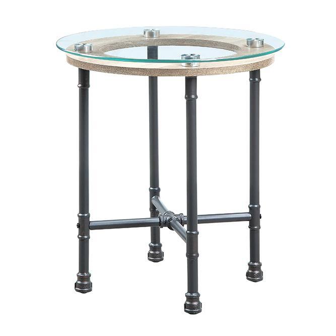 Brantley 22" Industrial Round End Table with Glass Top and Wooden Shelf