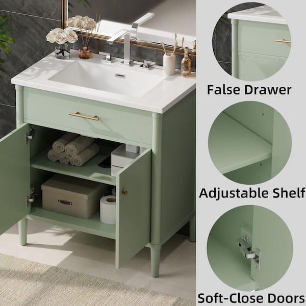 Villa 31 in. W Single Sink Freestanding Bath Vanity in Green with Integral White Ceramic Top and Basin Unassembled