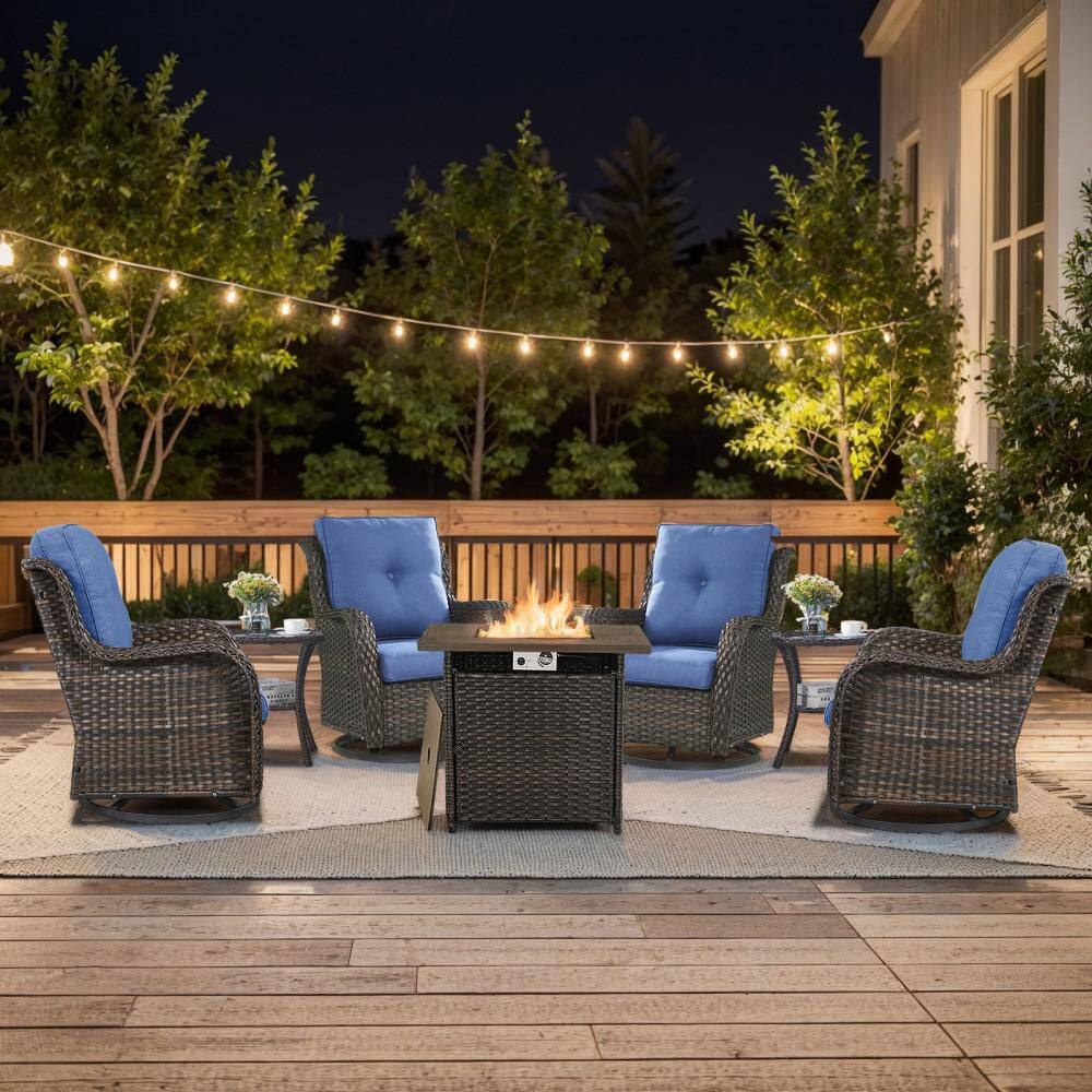 Well Cane Brown 7-Piece Wicker Patio Fire Pit Set Outdoor 4-Seater Swivel Chair Set with Blue Cushions price history on PriceWatchPro