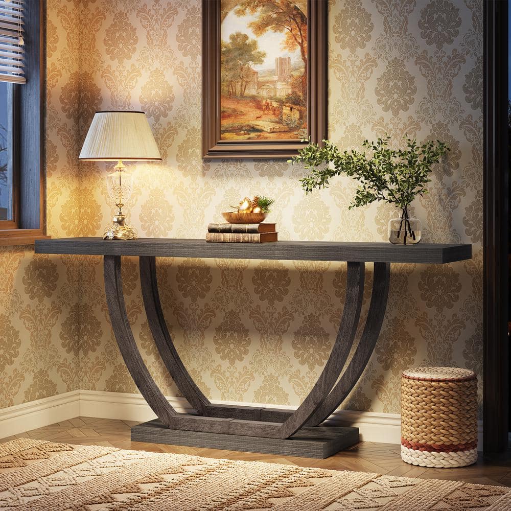 Gray 63-Inch Farmhouse Wood and Metal Console Table with Storage