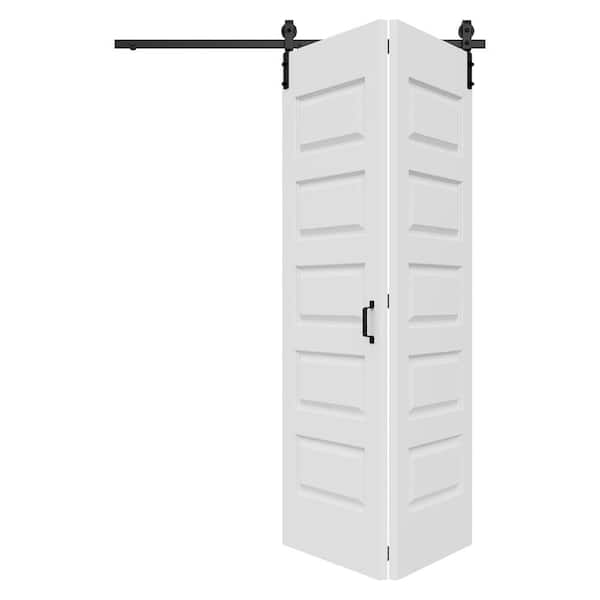 60 in. x 84 in. Paneled 5-Lite White Primed Hollow Core MDF Composite Bi-fold Door with Bifold Barn Door Hardware
